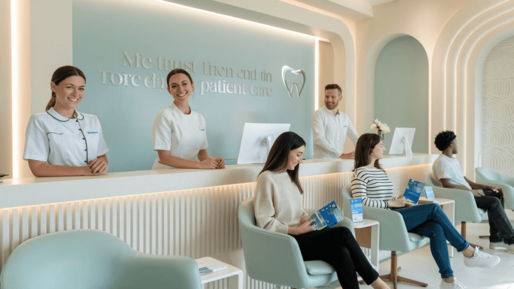 Pacientes na recepção de uma clínica odontológica.